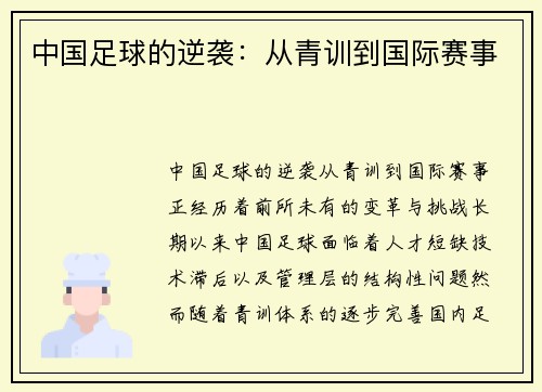 中国足球的逆袭：从青训到国际赛事
