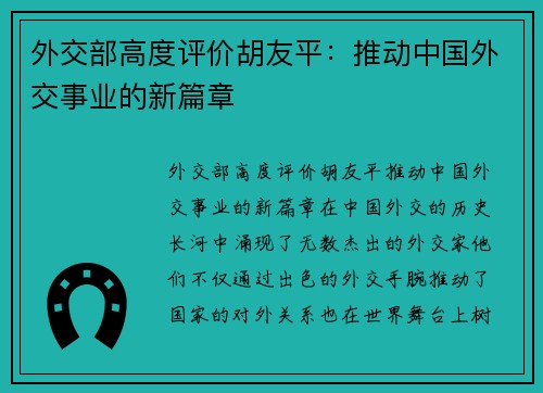 外交部高度评价胡友平：推动中国外交事业的新篇章